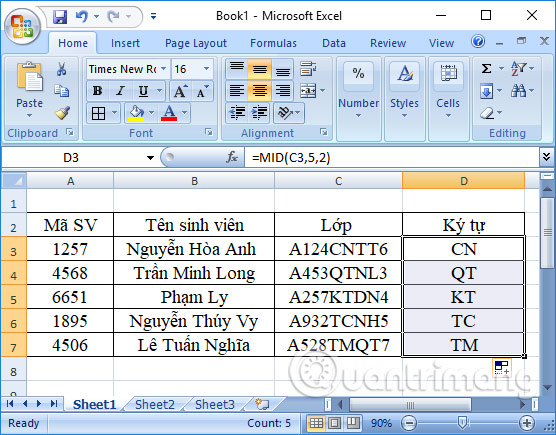 Hàm MID lấy chuỗi ký tự Excel