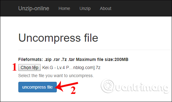 Tải dữ liệu lên Unzip-online