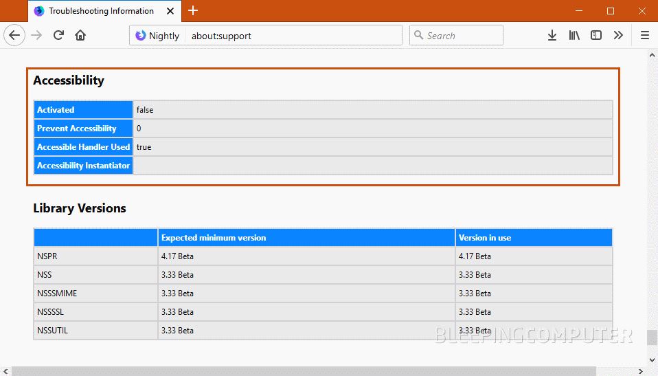 Mục Accessibility được thêm vào trang about:support