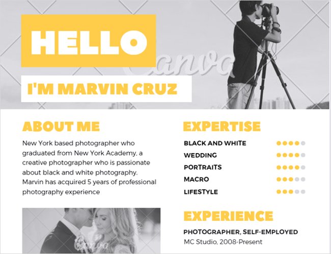 Mẫu resume màu vàng sáng tạo dành cho nhiếp ảnh gia