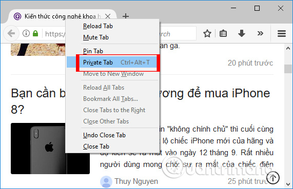 Chuyển tab thường sang chế độ riêng tư