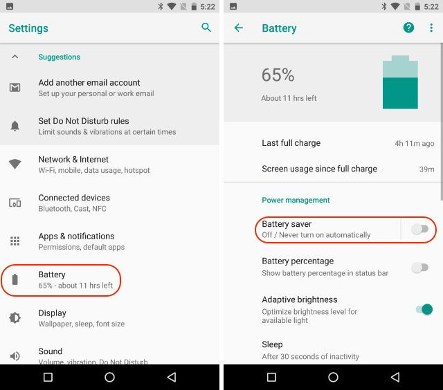 Các thiết lập về pin