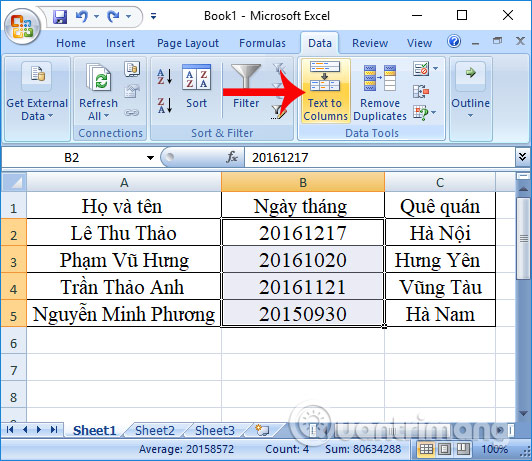 Nhấp vào tab Data