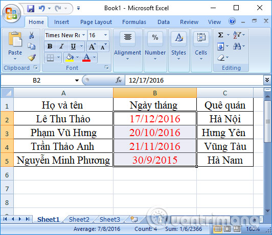 Nhập ngày, tháng trên Excel
