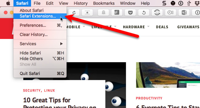 Truy cập Safari Extensions 