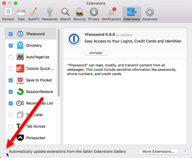 Bỏ chọn cập nhật extension tự động