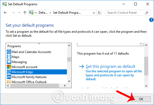 Đặt Edge làm trình duyệt mặc định