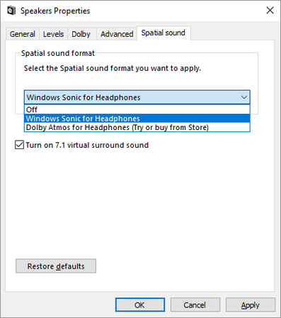 Chọn Windows Sonic for Headphones > Turn on 7.1 virtual surround sound > Apply > OK