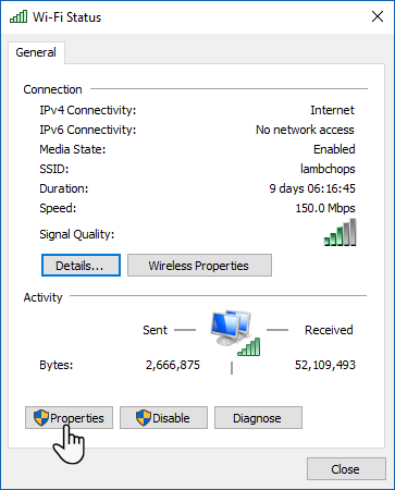 Trong cửa sổ Wi-Fi Status, nhấp chọn Properties