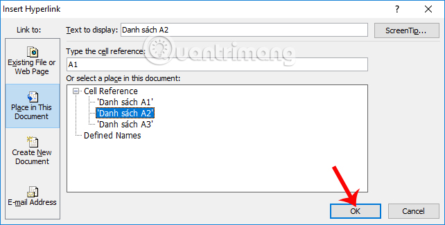 Chọn bảng tính muốn chèn Hyperlink