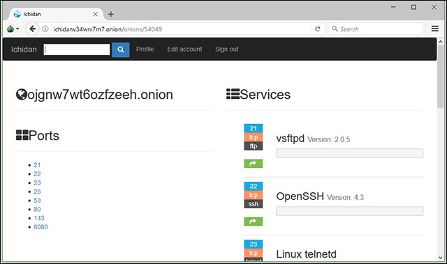 Kết quả tìm kiếm một trang Onion