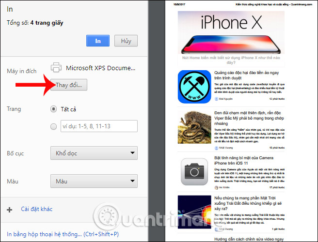 Thay đổi Máy in đích 