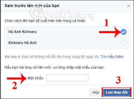 Lưu lại tên mới Facebook 