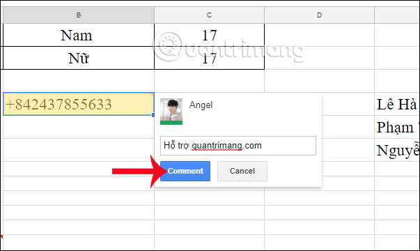 Thêm bình luận trên Google Sheets