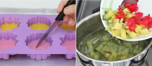 Nấu thạch và cho trái cây vào nồi 