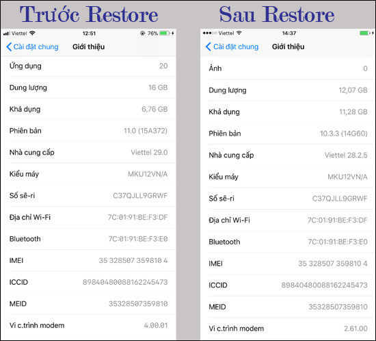 Giao diện trước và sau hạ cấp iOS 11
