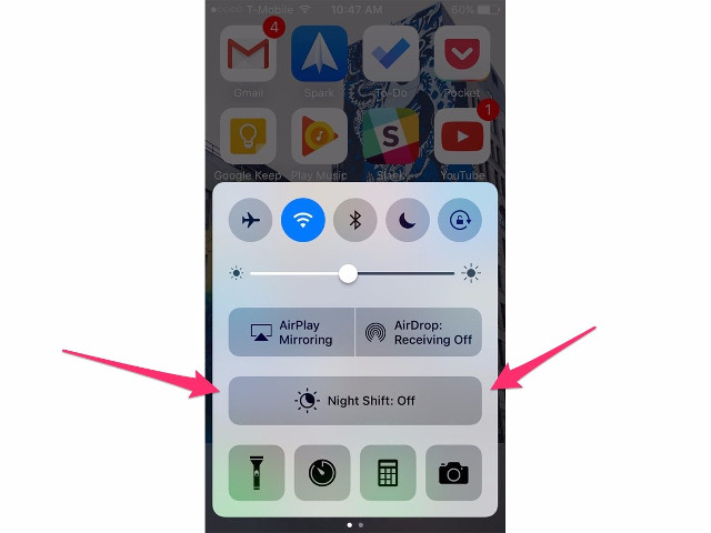 Nút NightShift trong Control Center phiên bản iOS trước