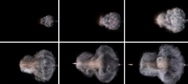 Đám khói hình giọt nước được kéo theo khi đầu đạn lao ra khỏi nòng súng