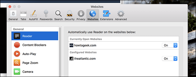 Safari > Preferences > Websites