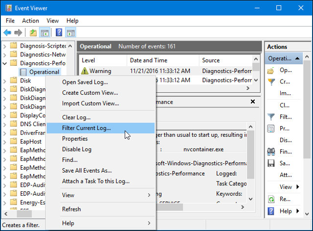 Chọn "Filter Current Log"