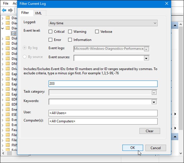 Nhập 203 để tìm sự kiện tắt máy
