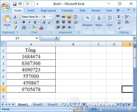 Bảng số liệu Excel 