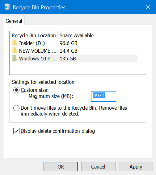 Tăng dung lượng cho thùng rác tại ổ cần thiết