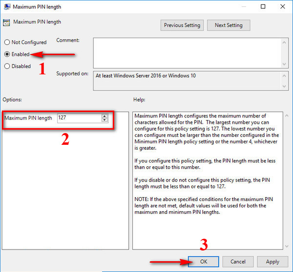 Điều chỉnh giới hạn tối đa của mã PIN