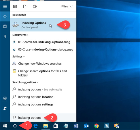 Tìm kiếm Indexing Options trong mục Search của Windows