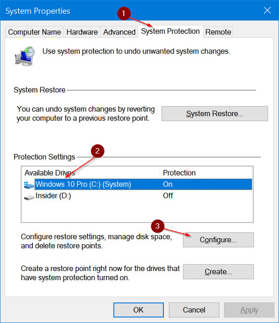 Chọn "Configure" để cấu hình điểm khôi phục hệ thống