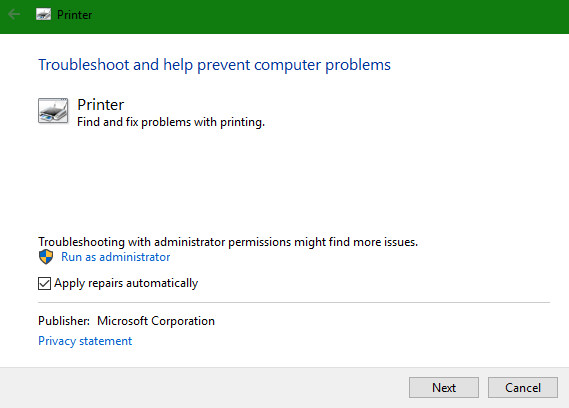 Chọn Next để khởi chạy trình khắc phục sự cố máy in