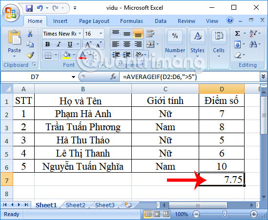 Kết quả tính trung bình điều kiện lớn hơn