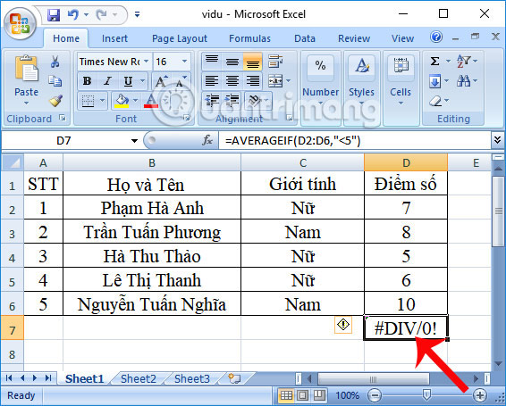 Bão lỗi hàm AVERAGEIF