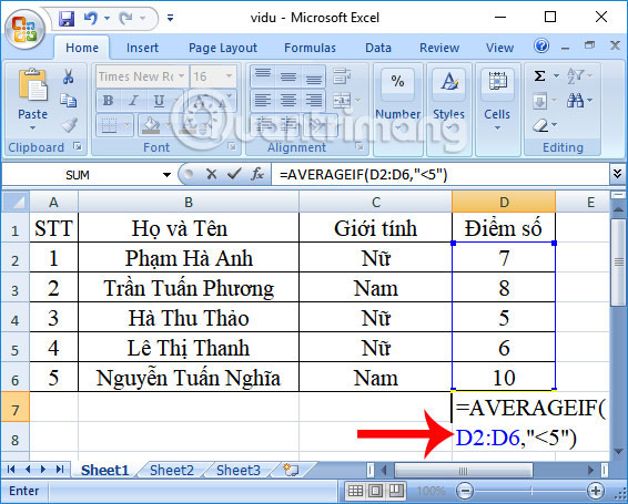 Tính điểm trung bình điều kiện nhỏ hơn