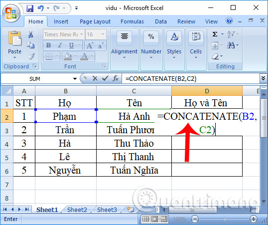 Nối từ thông thường trên Excel