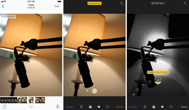 Chọn ảnh chụp trên iOS 11 > Edit > nhấp chọn nút Portrait màu vàng > Done