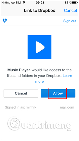 Cho phép Sound Tube liên kết với Dropbox