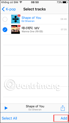 Chọn bài hát thêm vào list 