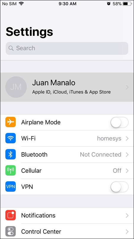Nhấp chọn tên tài khoản Apple ID, iCloud trong ứng dụng Settings