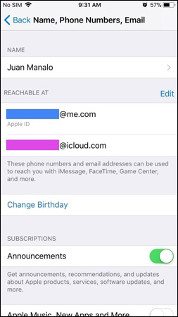 Name, Phone Numbers, Email > Nhấp chọn Edit bên cạnh tùy chọn Reachable At.