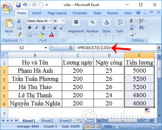 Cách dùng hàm nhân (hàm PRODUCT) trong Excel