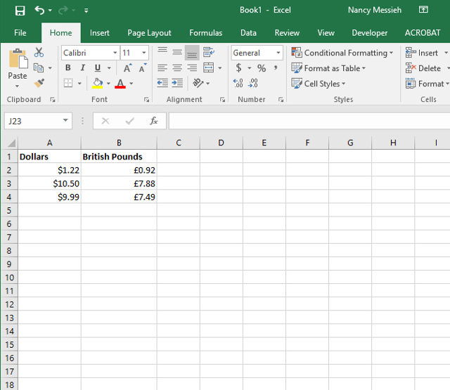 Biểu tượng tiền tệ khác nhau trong một bảng Excel