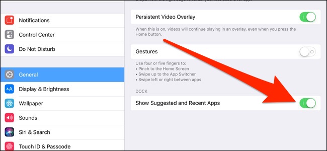 Tắt tùy chọn Show Suggested and Recent Apps