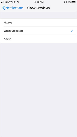 Settings > Notifications > Show Previews > chọn 1 trong 3 tùy chọn