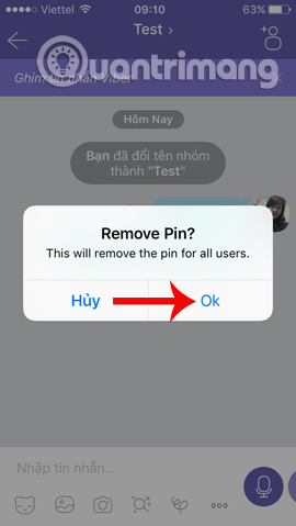 Xóa ghim tin nhắn Viber 