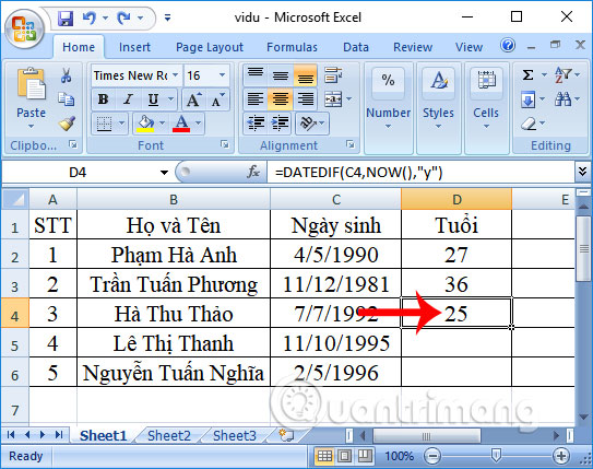 Cách tính tuổi trong Excel