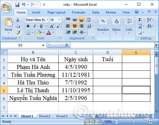 Tính tuổi trong Excel