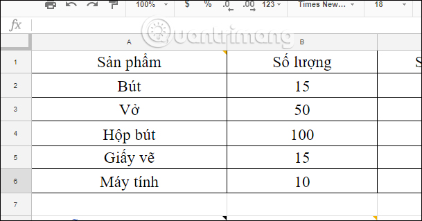 Bảng dữ liệu Google Sheets