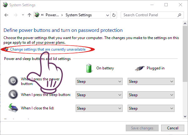 Chọn Change settings that are currently unavailable