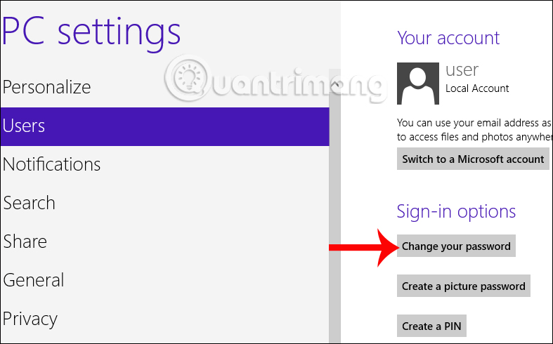 Thay đổi mật khẩu Windows 8
